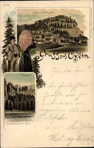 Litho Oybin in der Oberlausitz, Blick auf den Ort mit Berg Oybin