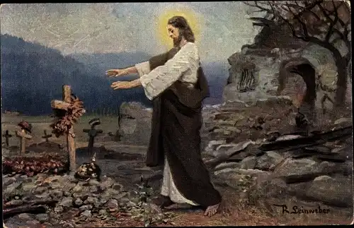 Künstler Ak Leinweber, R., Jesus bei Soldatengräbern
