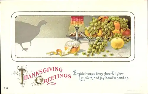 Ak Thanksgiving Greetings, Beside homes fires cheerful glow, Truthahn, Früchte