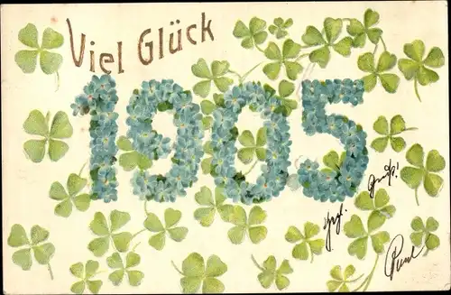 Präge Ak Glückwunsch Neujahr, Jahreszahl 1905 aus Vergissmeinnicht, Kleeblätter