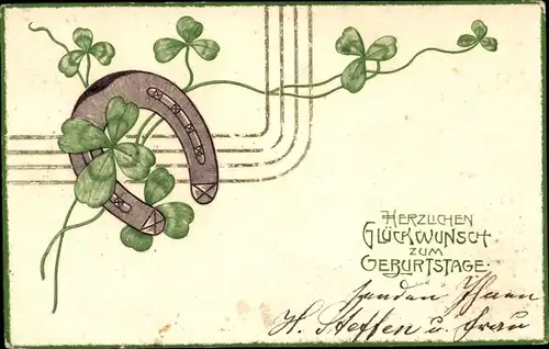 Präge Ak Glückwunsch Geburtstag, Kleeblätter, Hufeisen