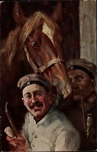 Künstler Ak Deutsche Soldaten in Uniform, Pfeifen, Pferd, I. WK