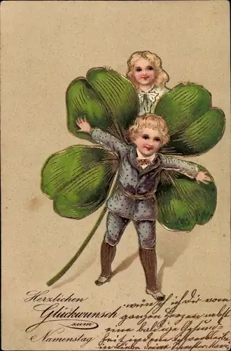 Präge Ak Glückwunsch Namenstag, Kinder mit Kleeblatt