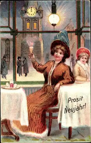 Präge Ak Glückwunsch Neujahr, Frau mit Punschglas, Turmuhr