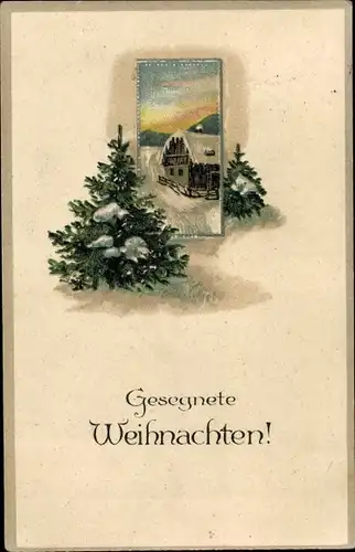 Präge Ak Frohe Weihnachten, Tannenbaum, verschneites Haus