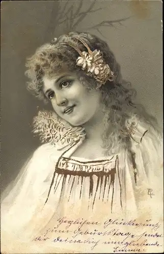 Künstler Litho Frauenbildnis, Portrait, Dame mit Kopfschmuck
