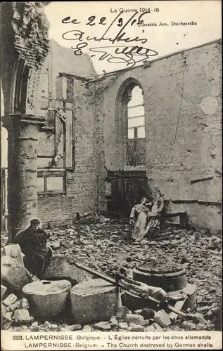 Ak Lampernisse Westflandern Belgien, L'Eglise detruite par les obus allemande, Kirche, Ruine, Krieg