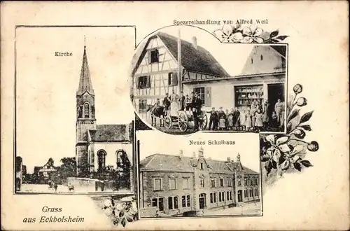 Ak Eckbolsheim Bas Rhin, Neues Schulhaus, Kirche, Spezereihandlung von Alfred Weil
