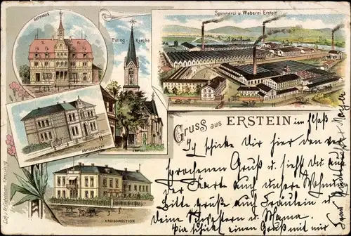 Litho Erstein Elsass Bas Rhin, Rathaus, Evangelische Kirche, Amtsgericht, Spinnerei und Weberei