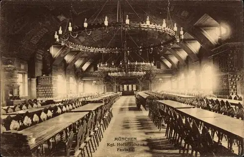 Ak München, Kgl. Hofbräuhaus, Festsaal mit Kronleuchter