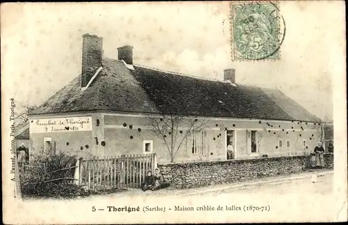 Ak Thorigné sur Dué Sarthe, Maison criblee de balles