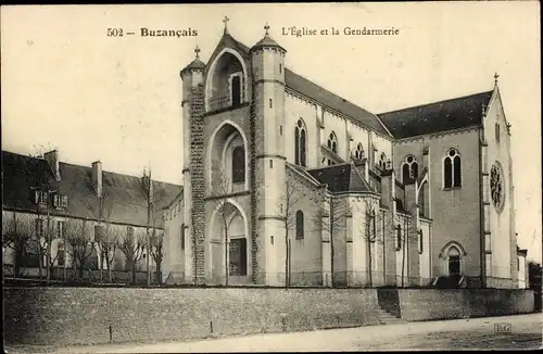 Ak Buzançais Indre, L'Eglise et la Gendarmerie