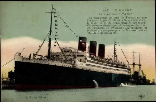 Ak Le Havre Seine Maritime, Le Paquebot PARIS, Schiff