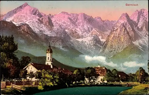 Ak Garmisch Partenkirchen in Oberbayern, Teilansicht, Kirche, Zugspitze, Alpspitze, Waxenstein