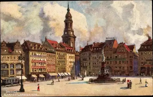 Künstler Ak Dresden, Altmarkt mit Ansicht der Kreuzkirche, Straßenbahn