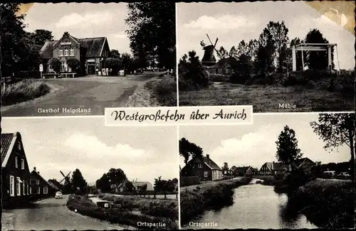 Ak Westgroßefehn Großefehn in Ostfriesland, Gasthof Helgoland, Windmühle, Straßenpartie