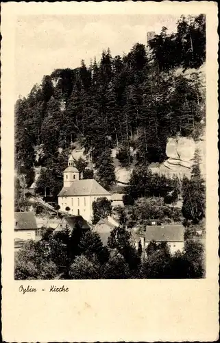 Ak Oybin Sachsen, Blick auf die Kirche vor Bäumen, Felswand