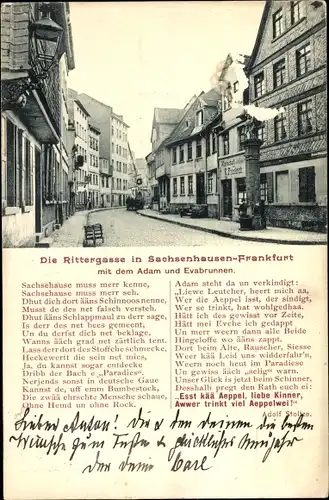 Ak Sachsenhausen Frankfurt am Main, Rittergasse, Adam und Evabrunnen, Gedicht von Adolf Stoltze