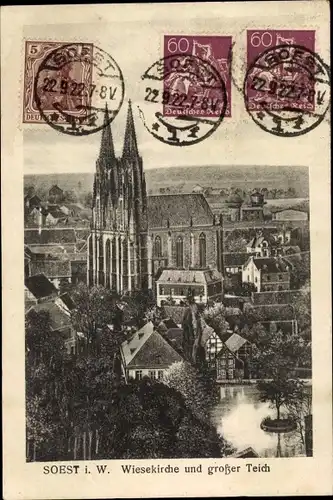 Ak Soest in Westfalen, Wiesekirche und großer Teich