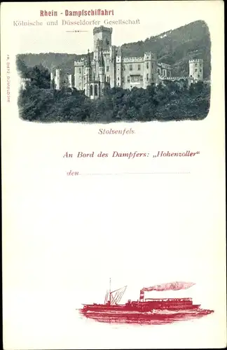 Ak Stolzenfels Koblenz am Rhein, Schloss Stolzenfels, Dampfer Hohenzoller, Rhein-Dampfschifffahrt
