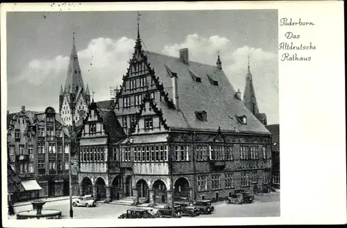 Ak Paderborn Westfalen, Das Altdeutsche Rathaus, Giebel, Autos, Brunnen