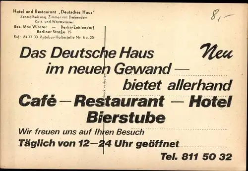 Ak Berlin Zehlendorf, Hotel und Restaurant Deutsches Haus, Berliner Straße 15