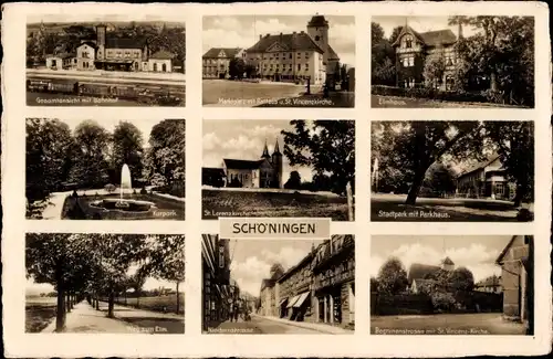 Ak Schöningen Niedersachsen, St. Lorenzkirche, Gesamtansicht mit Bahnhof, Marktplatz, Rathaus