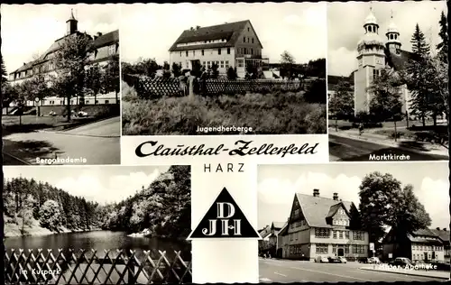 Ak Clausthal Zellerfeld im Oberharz, Bergakademie, Jugendherberge, Marktkirche, Kurpark, Apotheke