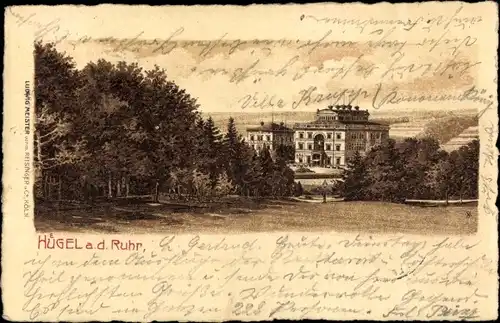 Litho Essen im Ruhrgebiet Nordrhein Westfalen, Blick zur Villa Hügel