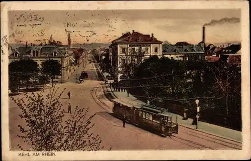 Ak Kehl am Rhein, Straßenpartie mit Straßenbahn