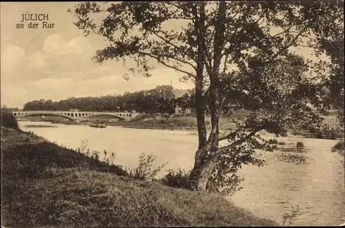 Ak Jülich an der Rur, Partie am Wasser, Blick zur Brücke