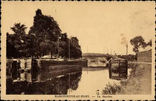 Ak Marchienne au Pont Charleroi Wallonien Hennegau, La Sambre, Schiffe