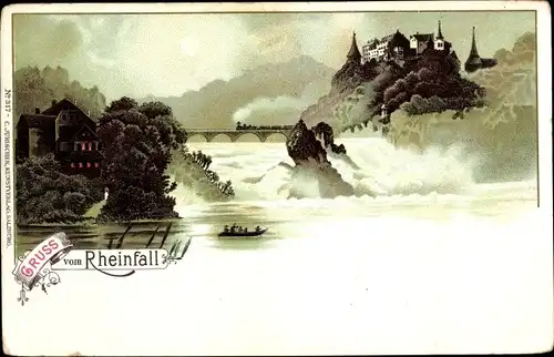 Litho Neuhausen am Rheinfall Kanton Schaffhausen, Uferpartie, Fischkorb