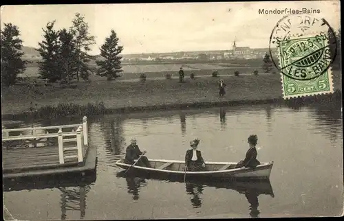 Ak Mondorf les Bains Bad Mondorf Luxemburg, Ruderboot, Kirche, Steg