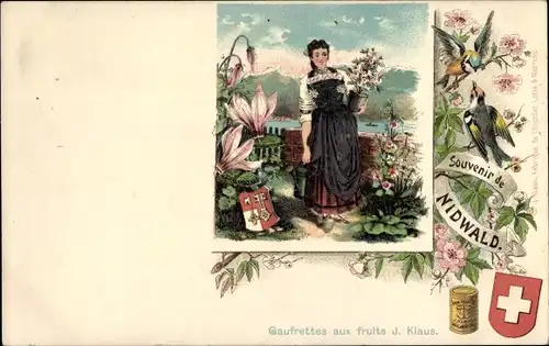 Litho Kt. Nidwalden Schweiz, Frau in Landestracht mit Blumen, Wappen