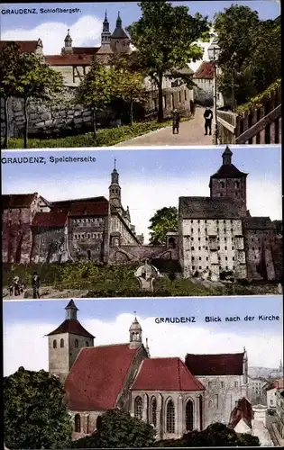Ak Grudziądz Graudenz Westpreußen, Schlossbergstr., Speicherseite, Kirche