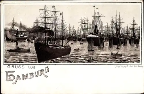 Litho Hamburg Mitte, Segelschiffe, Hafen