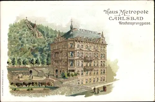 Litho Karlovy Vary Karlsbad Stadt, Haus Metropole, Hirschensprunggasse