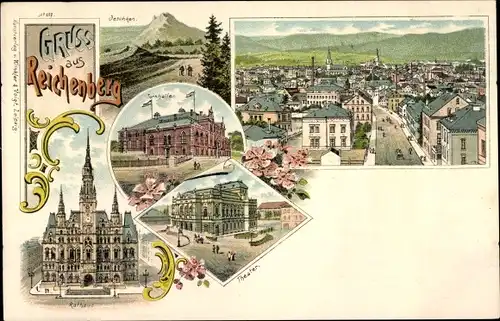 Litho Liberec Reichenberg in Böhmen, Panorama, Jeschken, Rathaus, Theater, Turnhalle