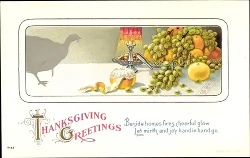 Ak Thanksgiving Greetings, Beside homes fires cheerful glow, Truthahn, Früchte