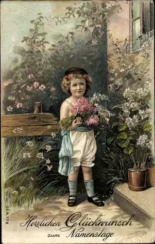 Präge Ak Glückwunsch Namenstag, Kind mit Blumen