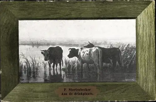Passepartout Künstler Ak Stortenbecker, P., An der Tränke, Rinder