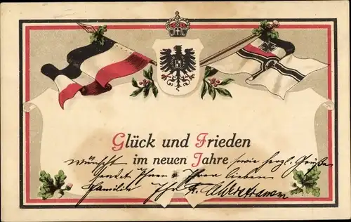 Ak Glückwunsch Neujahr, Glück und Frieden, Wappen, Fahnen, Eichenlaub