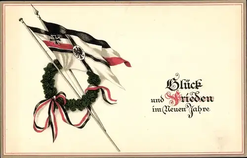 Litho Glückwunsch Neujahr, Glück und Frieden, Fahnen, Kranz