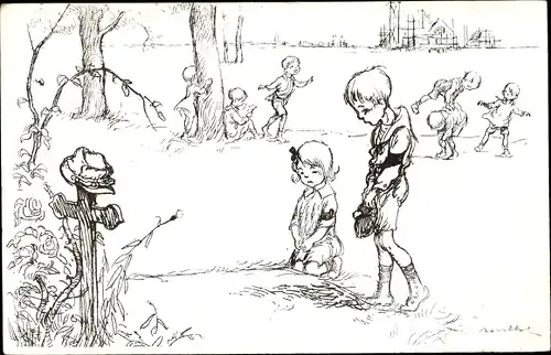 Künstler Ak Poulbot, Francisque, Kinder, Kreuz, Grab, Orphelinat des Armées