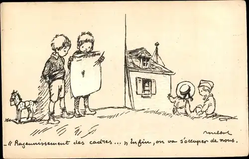 Künstler Ak Poulbot, Francisque, Enfin, on va s'occuper de nous, Kinder vor einem Haus