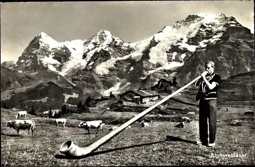 Ak Schweiz, Alphornbläser auf der Alm, Panorama