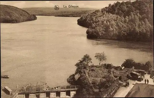 Ak Jalhay Wallonien Lüttich, Barrage de Gileppe, Vue du lac avec les vannes de decharge