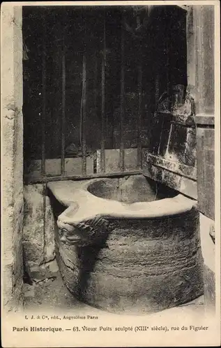 Ak Paris IV, Paris Historique, 63. Vieux Puits sculpte (XIII. selecte) rue du Figuier