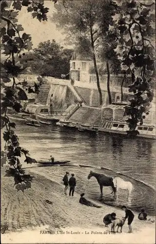 Ak Paris IV, L'Ile St.-Louis, La Pointe de I'lle, Mauer, Pferde im Wasser, Fluss
